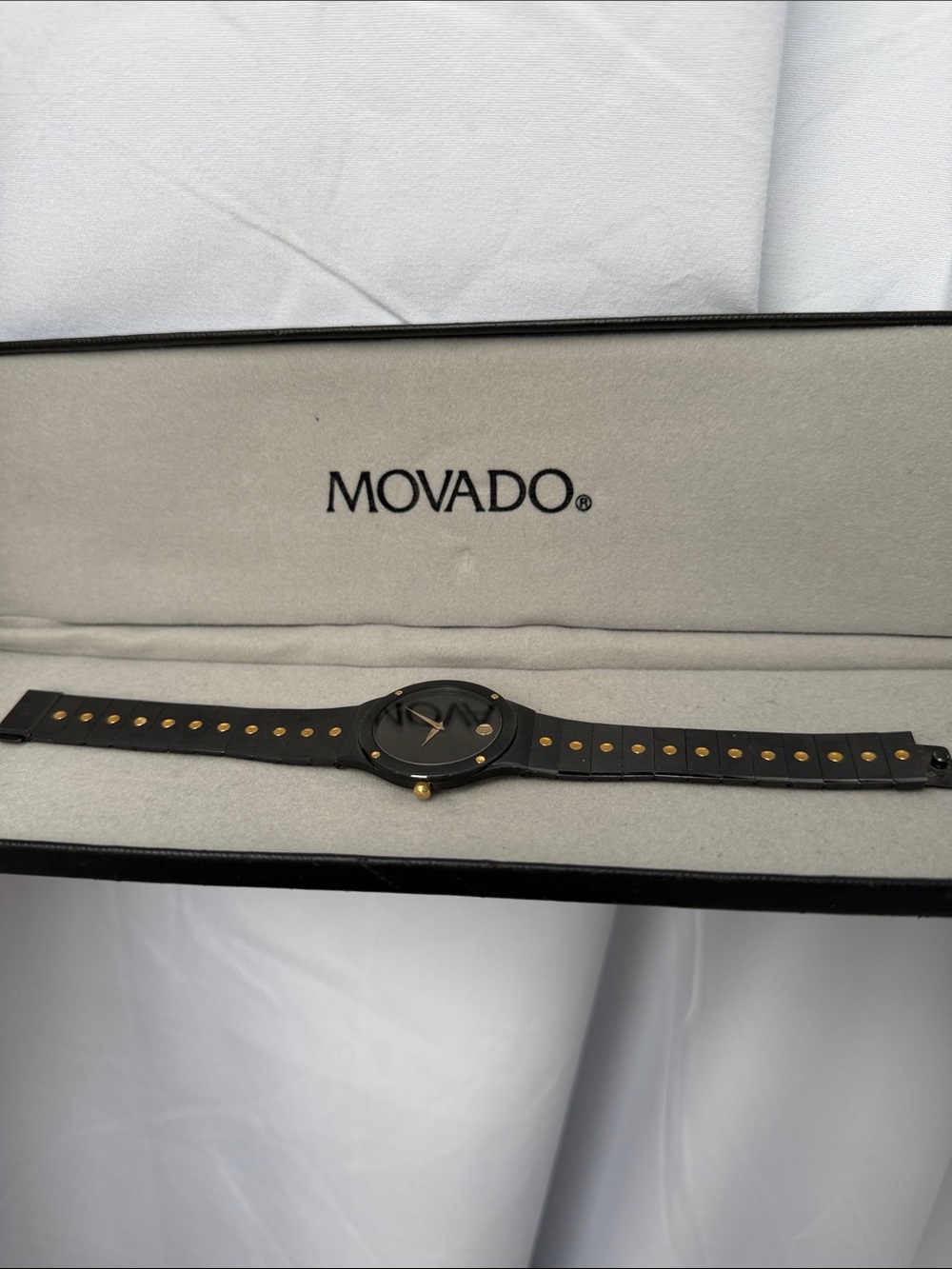 Movado Black and Gold Accent Men's Leather Strap Watch